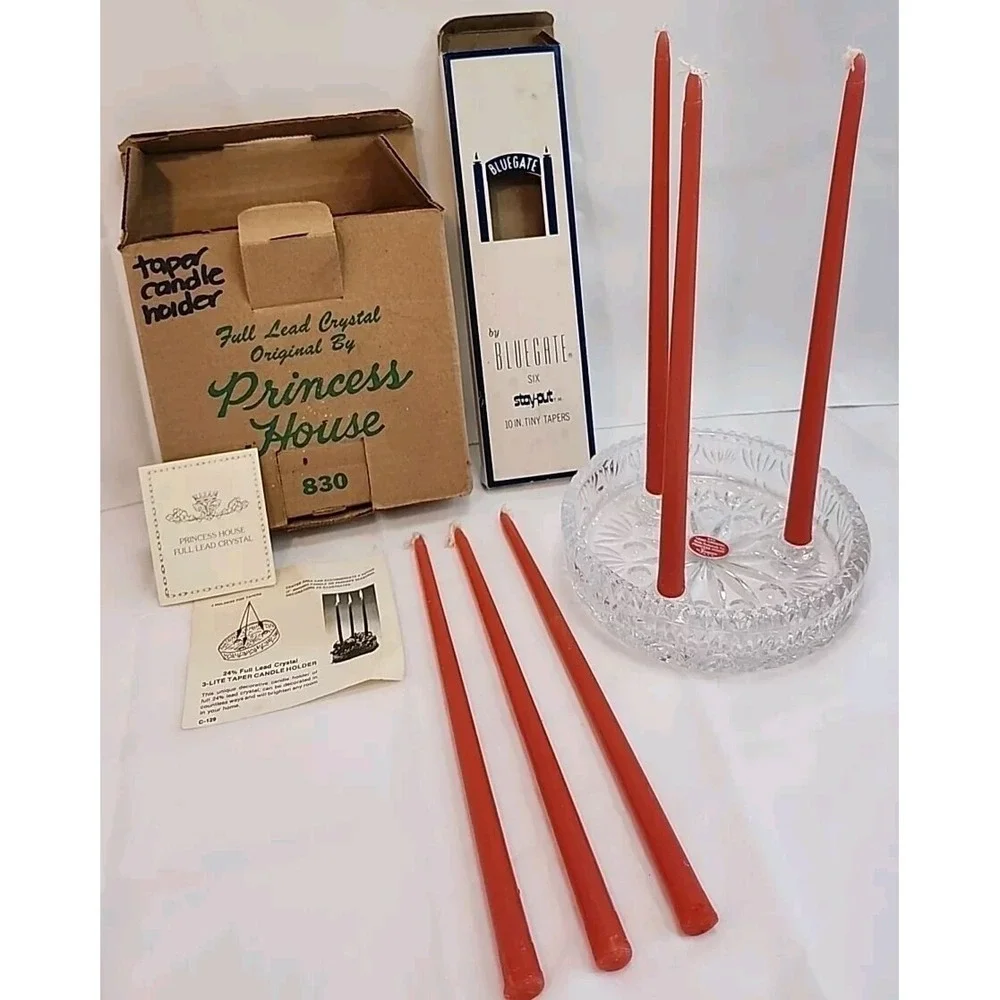 VTG Princess House 24% Full Lead Crystal 3 Lite Taper Candle Holder W/ 6 Candles